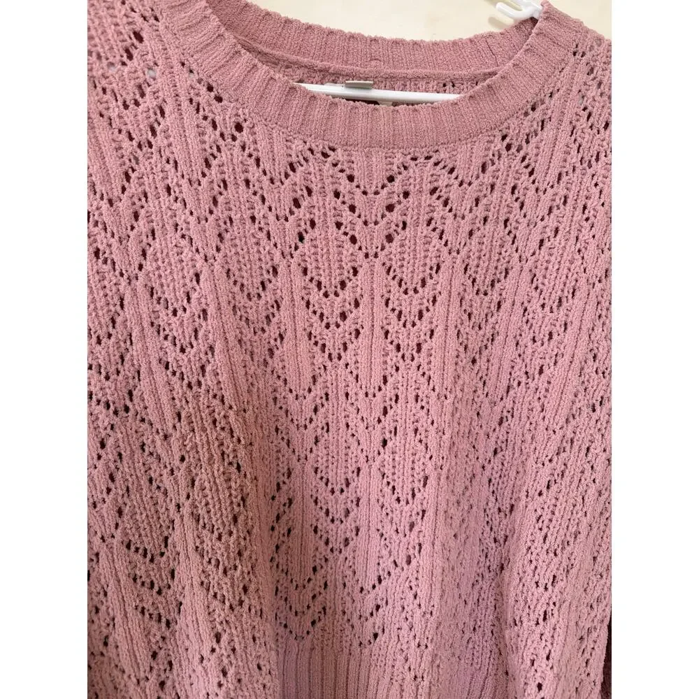 American Eagle Rose Pink Sweater Size Large Pointelle Crew Neck Lacy Twee Fairy